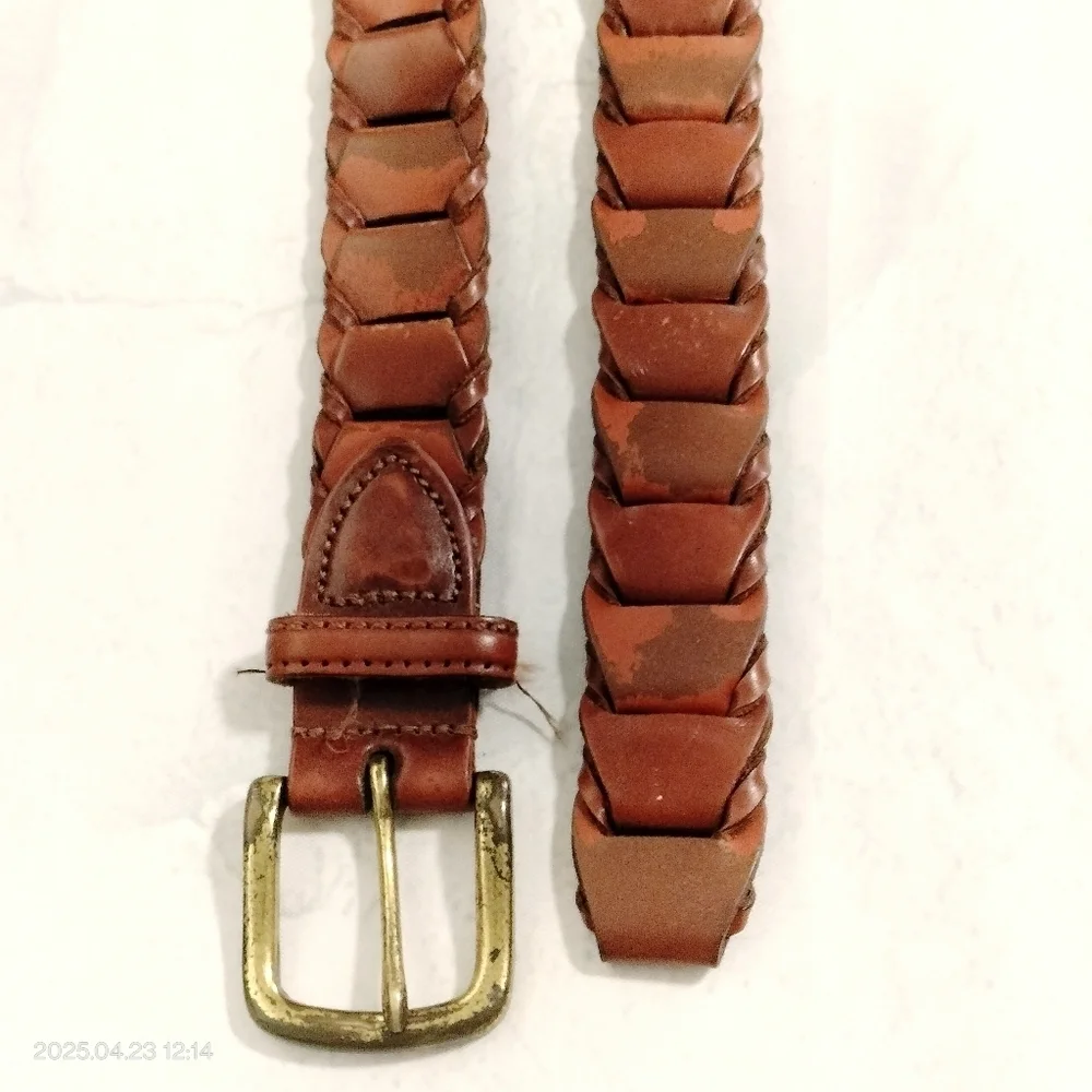 Genuine Leather Men's Brown Belt 38 Rectangular Braided With Solid Brass Buckle